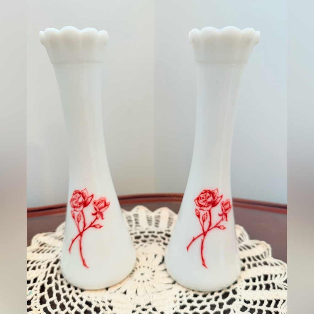 Set of 2 Vintage Hazel Atlas Milk Glass Bud Vases | Red Rose Floral
